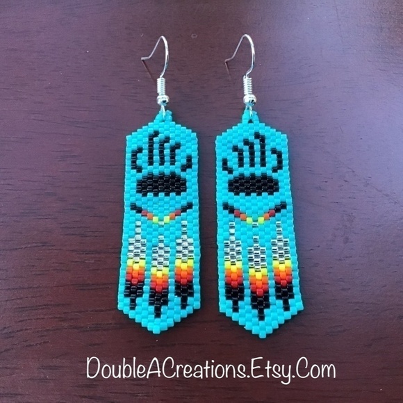 Bear Paw with Native Feathers Beaded Earrings, New, Handmade by Me - Picture 7 of 7